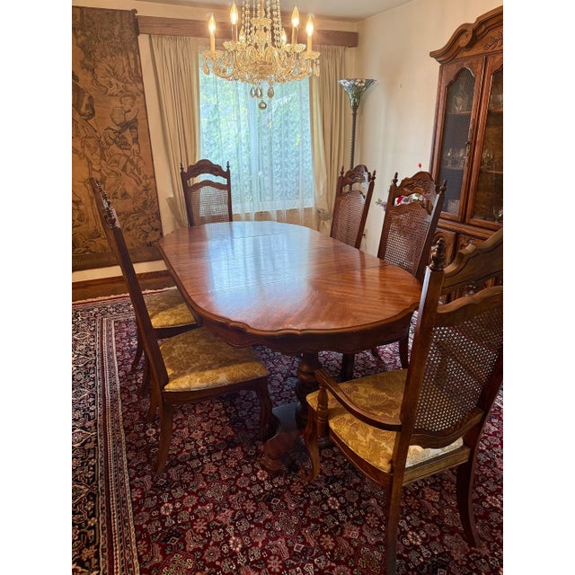 Late 20th Century French Provincial Oak Dining Set — Table With Two Leaves & 6 Cane-Back Chairs For Sale - Image 4 of 9