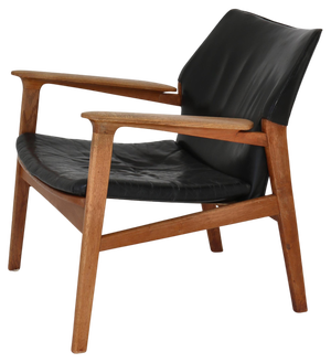Danish Modern Lounge Chair in Patinated Oak & Black Leather attributed to Hans Olsen, 1950s