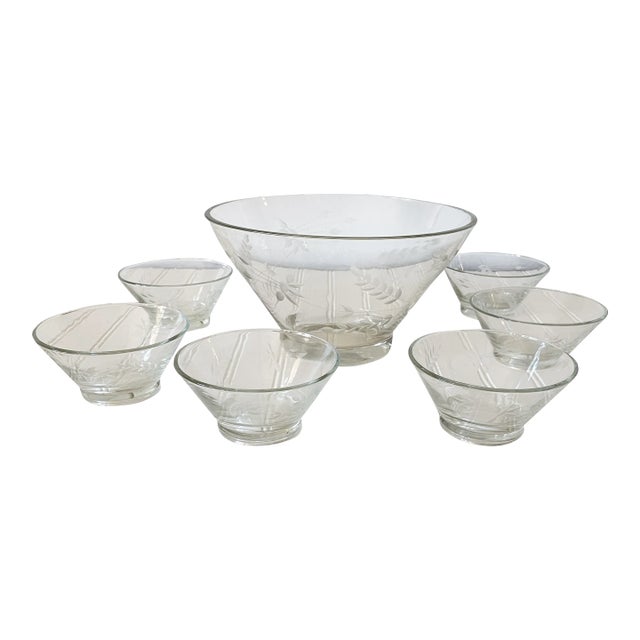1960s Vintage Etched Glass Salad Bowl Set- 7 Pieces For Sale