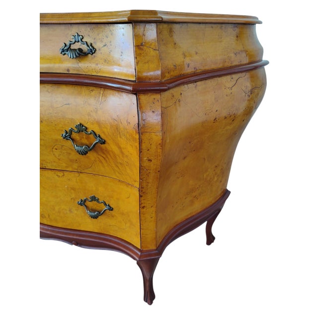 Wood Vintage Italian Rococo Style Burl Wood 3-Drawer Bombe Commode Chest For Sale - Image 7 of 13