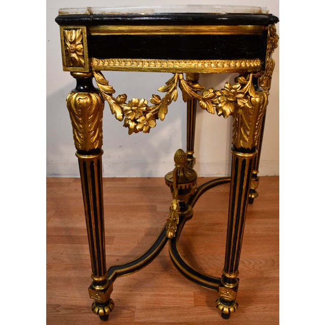 1880s Antique French Louis XVI Gold Gilt and Ebonized Carved Wood & Marble Top Console Table For Sale - Image 11 of 18