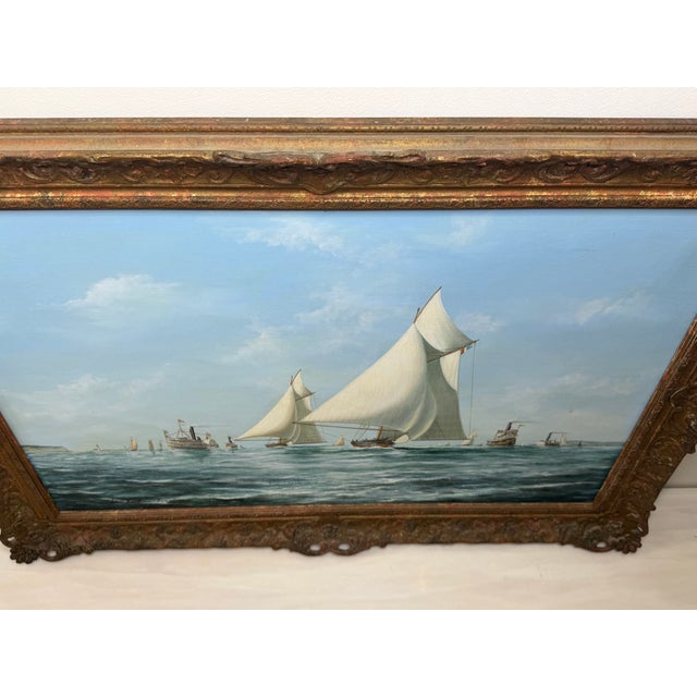 Wood Large Nautical Oil Painting America's Cup 1881: Mischief and Atalanta Signed by John Bentham-Dinsdale (1927–2008) Framed For Sale - Image 7 of 8