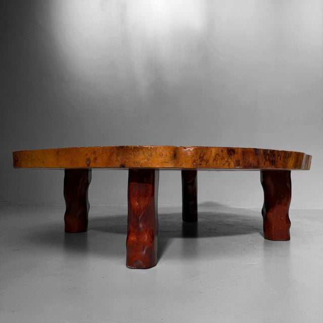 Monumental Japanese tree trunk table from the Shōwa period, crafted from solid keyaki, the Japanese zelkova wood loved for...
