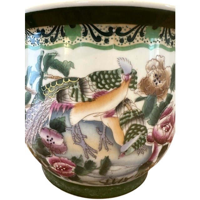 Ceramic Vintage Chinese Chinoiserie Hand Painted Famille Rose Cachepot / Cache Pot / Jardinere/ Fishbowl Planter With Peacock Motif and Moriage Beading For Sale - Image 7 of 11