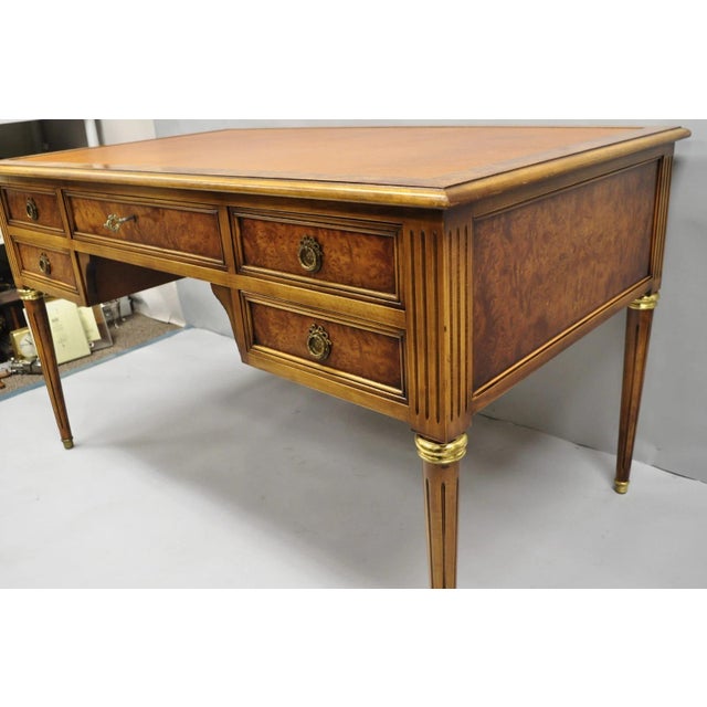 Vintage French Louis XVI Style Burl Walnut Tooled Leather Top Writing Desk For Sale In Philadelphia - Image 6 of 18