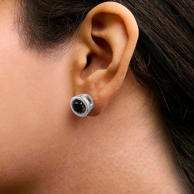 .925 Sterling Silver 5 3/4 Cttw Round Brilliant-Cut Black Diamond Bezel-Set Stud Earrings with Screw Backs (Fancy Color-Enhanced, I2-I3 Clarity) For Sale - Image 4 of 5