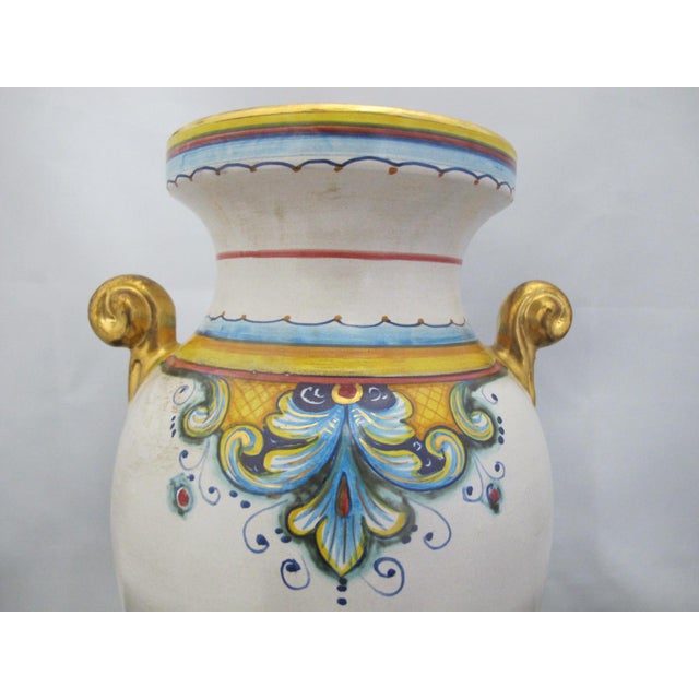 Ceramic Gialletti Deruta Italian Majolica Pottery Brightly Hand Painted & Gold Urn Vase For Sale - Image 7 of 12