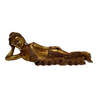 Hand Carved Giltwood Reclining Buddha on Custom Lucite Base For Sale