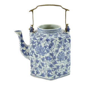 Antique Chinese Blue and White Porcelain Hexagonal Teapot