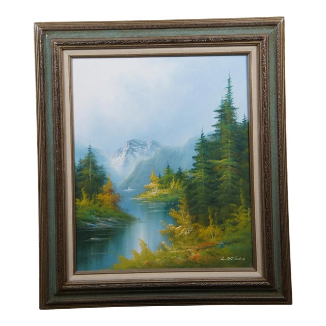 Vintage Lantren Forest Lake Mountain Landscape Oil Painting 32" For Sale