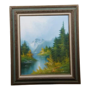 Vintage Lantren Forest Lake Mountain Landscape Oil Painting 32"