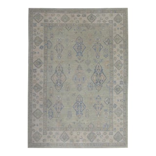 Green Handwoven Turkish Oushak Rug 9'1" X 12'10" For Sale