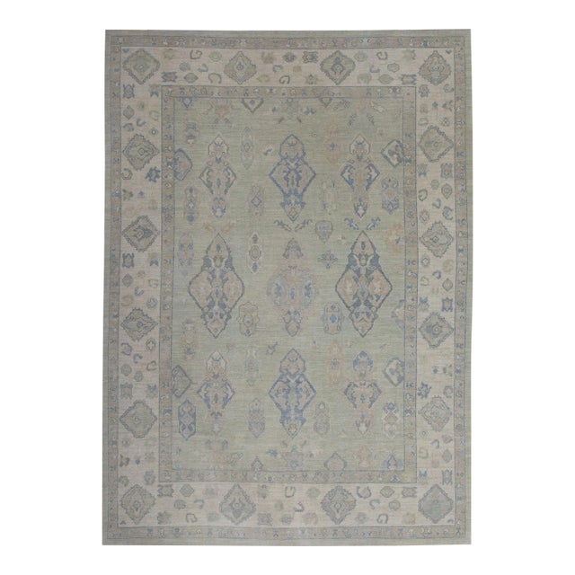 Green Handwoven Turkish Oushak Rug 9'1" X 12'10" For Sale