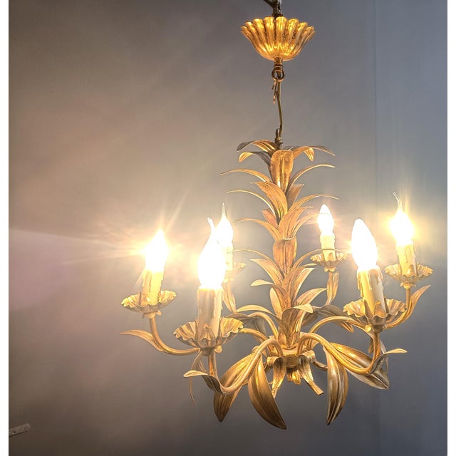 Hollywood Regency Vintage Gilt Metal Pineapple Leaf Chandelier, 1960s For Sale - Image 3 of 8