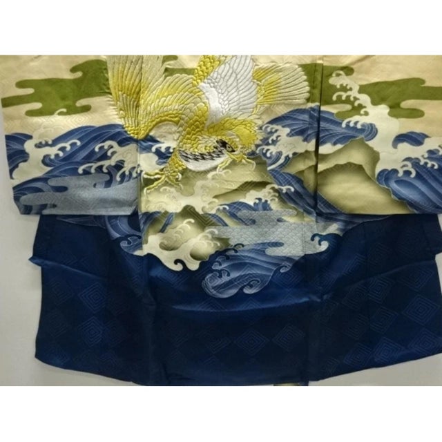 Mid Century Japanese Kimono Silk Boys Antique Hand Embroidery Navy Eagle Falcon Bird Kyoto Obi Sash Gold Foil For Sale - Image 16 of 16