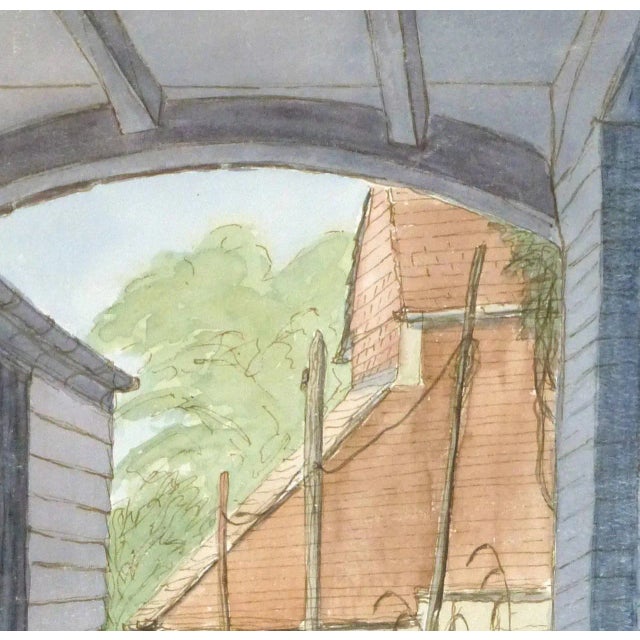 Inviting English watercolor of a brick pathway leading from a covered portico to a small farmhouse, 1980. Signed and dated...