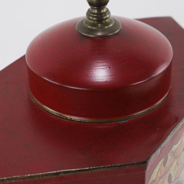 Vintage Colorful Hand-Painted Autumn Squirrel Hexagonal Tea Can Table Lamp For Sale - Image 10 of 11