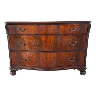 Antique Georgian Revival Chest of Drawers Flame Mahogany Serpentine Carved C1940 For Sale