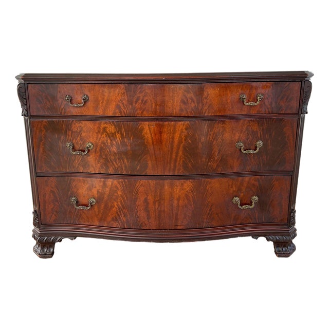 Antique Georgian Revival Chest of Drawers Flame Mahogany Serpentine Carved C1940 For Sale