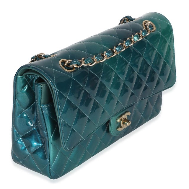 Traditional Green Blue Shaded Quilted Patent Medium Classic Double Flap Bag For Sale - Image 3 of 9
