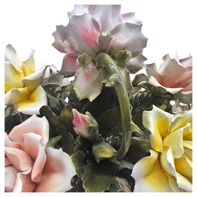 Italian Handcrafted Porcelain Rose Basket Centerpiece – Blush & Yellow Floral Sculpture For Sale - Image 9 of 15