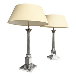 Silver-Plated Table Lamps with Corinthian Columns, England, 1970s, Set of 2 For Sale