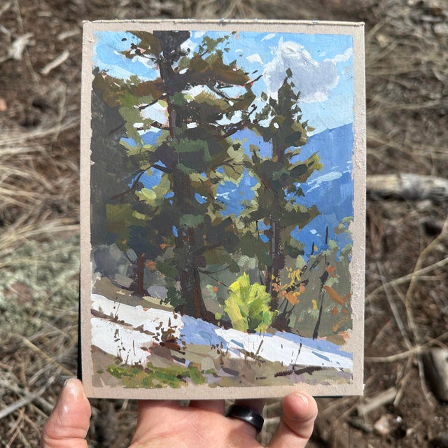 Two Friends on Mt. Falcon by Judd Mercer | Gouache Landscape with Trees and Snow For Sale