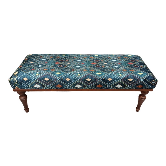 Contemporary Blue Rug Print Fabric Upholstered Bench For Sale
