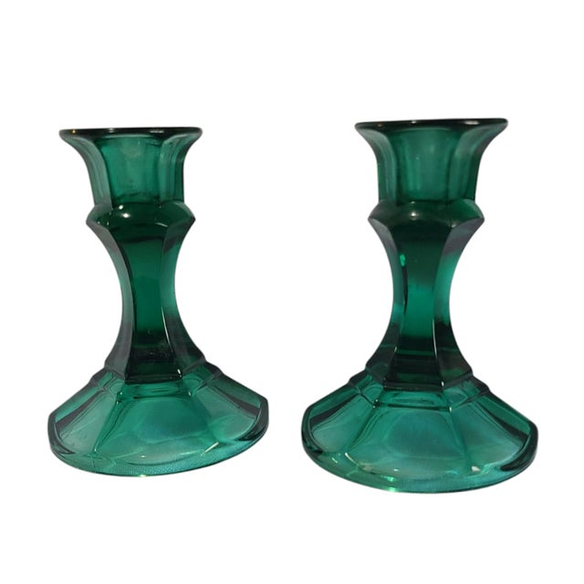 Glass Vintage North American Indiana Glass Emerald Green Pair of Candlesticks For Sale - Image 7 of 7