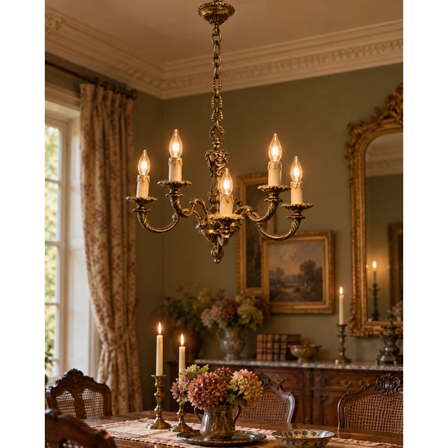 Louis XV Style Brass Chandeliers with 5 Bulbs, 1960s For Sale - Image 3 of 4