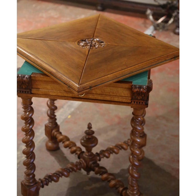 19th Century French Louis XIII Carved Walnut Envelope Folding Card Game Table For Sale - Image 10 of 11