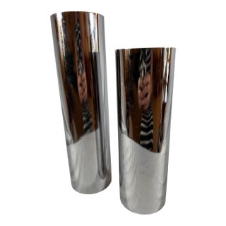 Set of Two Heavy Chrome Cylinder Vases, Mid-Century Modern Atomic For Sale