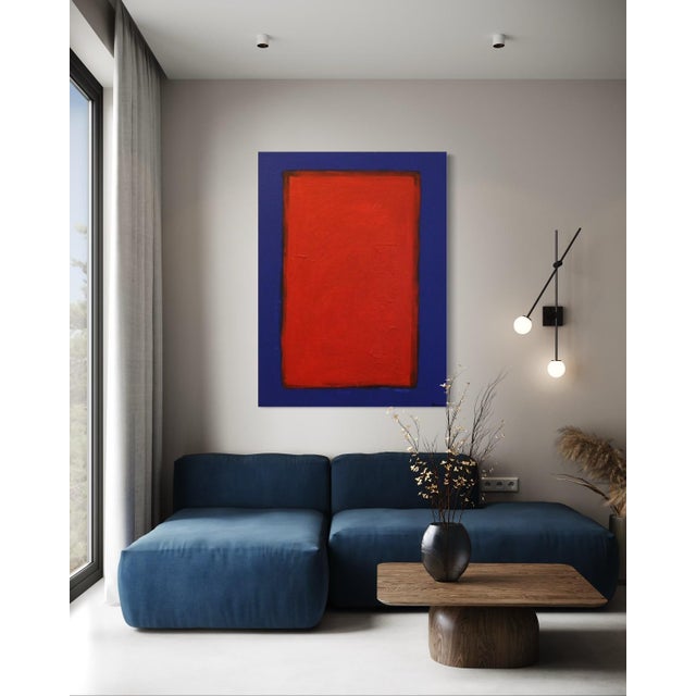 Bodasca, Red on Blue Abstract Composition, 2025, Acrylic on Canvas For Sale - Image 4 of 13