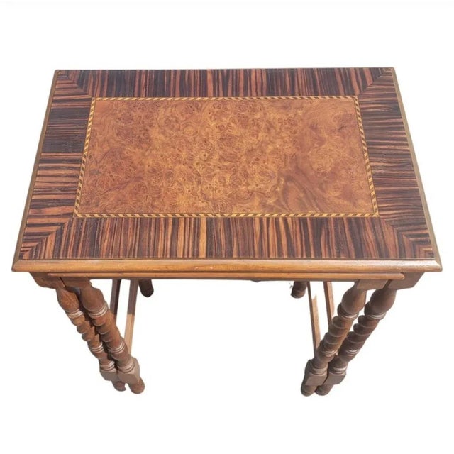 Wood 1960s Mahogany Barley Twist Banded Walnut Satinwood Burl Nesting Tables, a Pair For Sale - Image 7 of 11