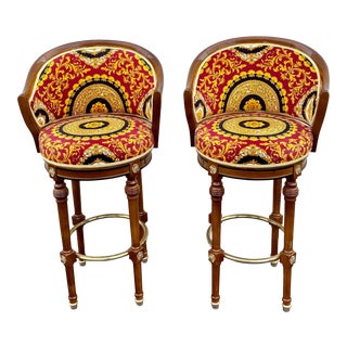 Vintage Versace Style Barrel Back Wood and Brass Swivel Stools - a Pair For Sale