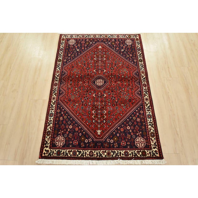 Tribal Abadeh Rug 3’7” X 5’3” Red Wool Vintage Tribal Hand-Knotted Oriental Carpet For Sale - Image 3 of 12