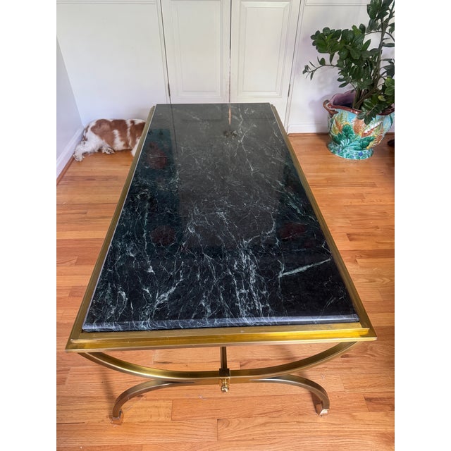 Modern Mid 20th Century Maison Jansen Style Green Marble Brass Coffee Table For Sale - Image 3 of 12