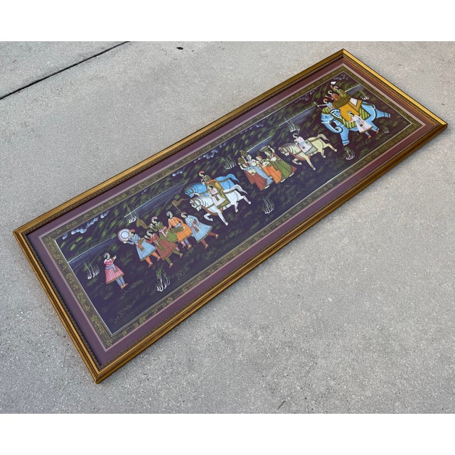 Vintage Monumental Indian Painted Textile Procession in Gilt Frame For Sale - Image 9 of 12