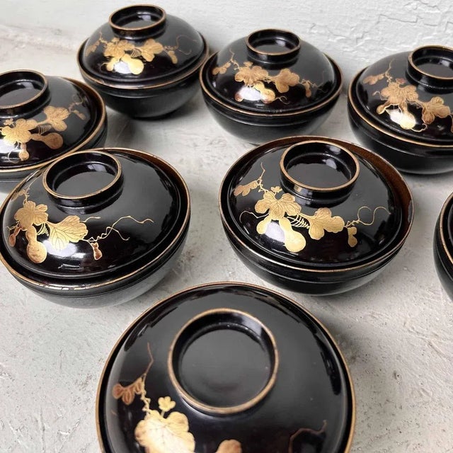 Wood Urushi Maki-E Lidded Rice Bowls, Japan, 1920s, Set of 9 For Sale - Image 7 of 10