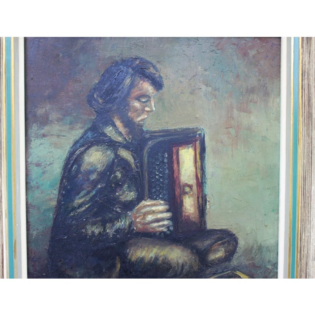 1960s European Artist, Street Musician with Accordion, 1969, Oil on Canvas, Framed For Sale - Image 5 of 10