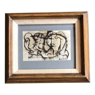 Original Vintage Mid Century Modern Abstract Ink Drawing Vintage Frame With Linen Liner 1950’s Signed For Sale