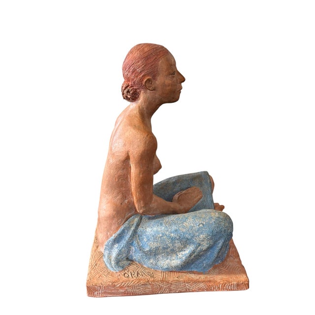 Original Signed O’Hare Figural Sculpture of Seated Woman in Blue Skirt For Sale - Image 4 of 10