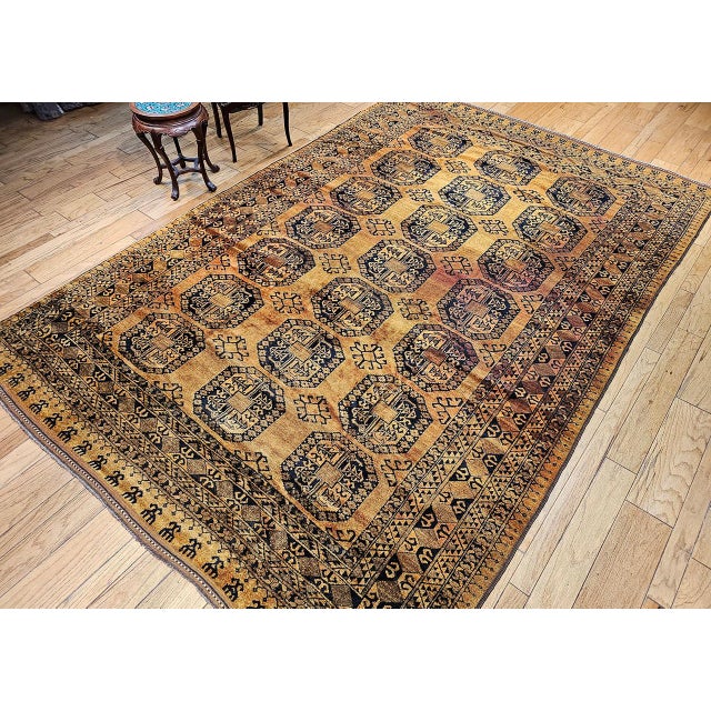 Vintage Afghan Ersari Rug, Hand-Knotted Wool, Allover Geometric Design, Camelhair & Navy, 9’ X 13’ For Sale In Chicago - Image 6 of 16