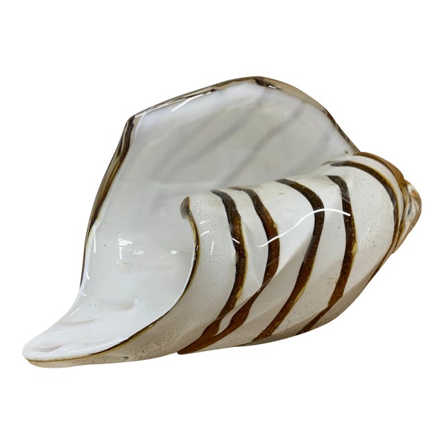 1970’s Murano Style White & Brown Striped Glass Sea Shell For Sale