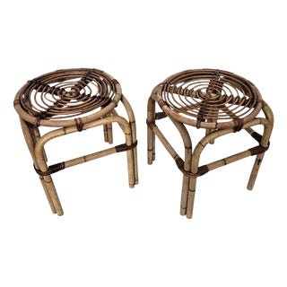 Bohemian French Riviera Italian Bamboo Rattan Stool, 1960s, Set of 2 For Sale