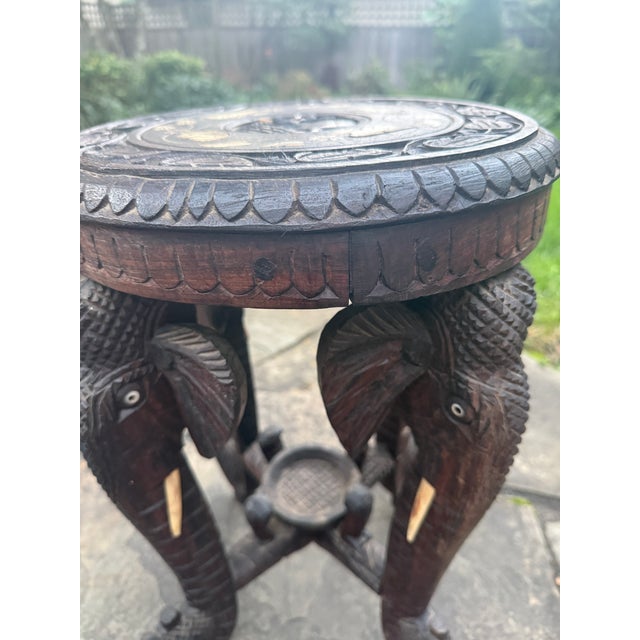 Antique Anglo-Indian Hand-Carved Elephant Side Table With Bone Inlay For Sale - Image 12 of 18