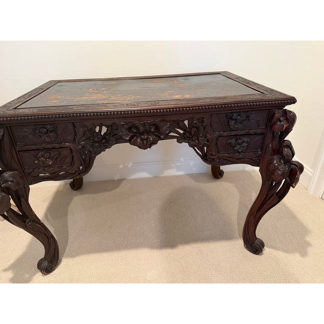 Antique French Art Nouveau Hand-Carved Walnut Writing Desk With Iris & Dragonfly Motifs For Sale - Image 4 of 6