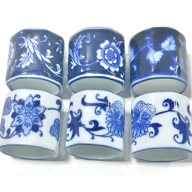 1980s Vintage Blue & White Chinoiserie Porcelain Napkin Rings – Set of 6 For Sale - Image 5 of 7