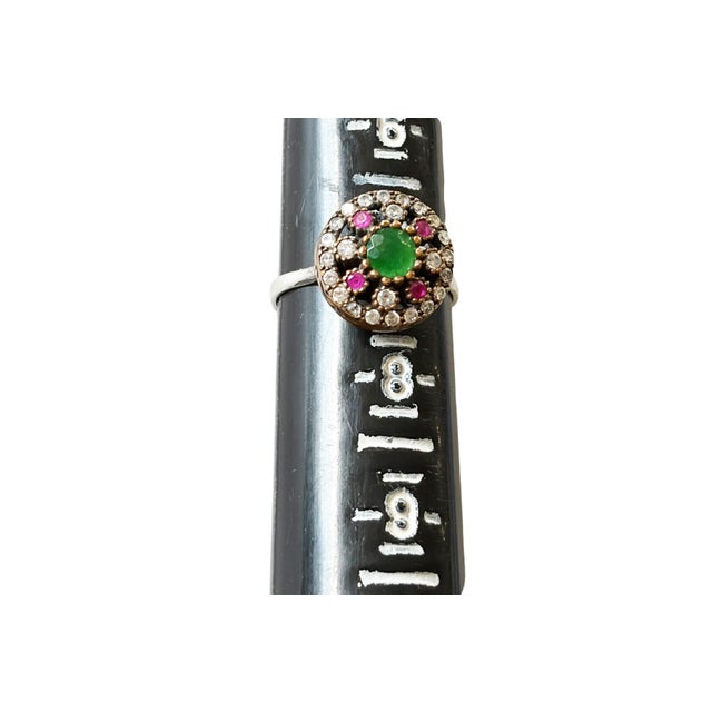 Vintage Natural Ruby, Emerald & Diamond Ring Sterling Silver Size 7 For Sale - Image 10 of 10