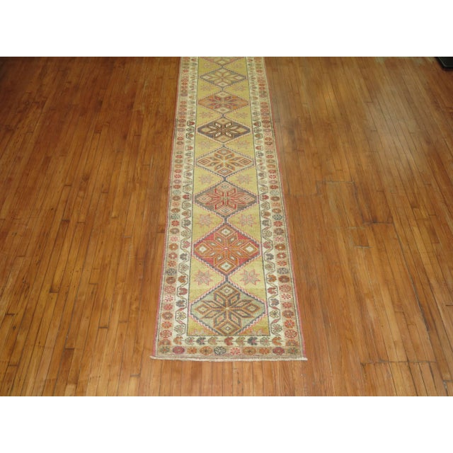 Traditional Yellow Green Vintage 20th Century Decorative Turkish Anatolian Turkish Runner For Sale - Image 3 of 6